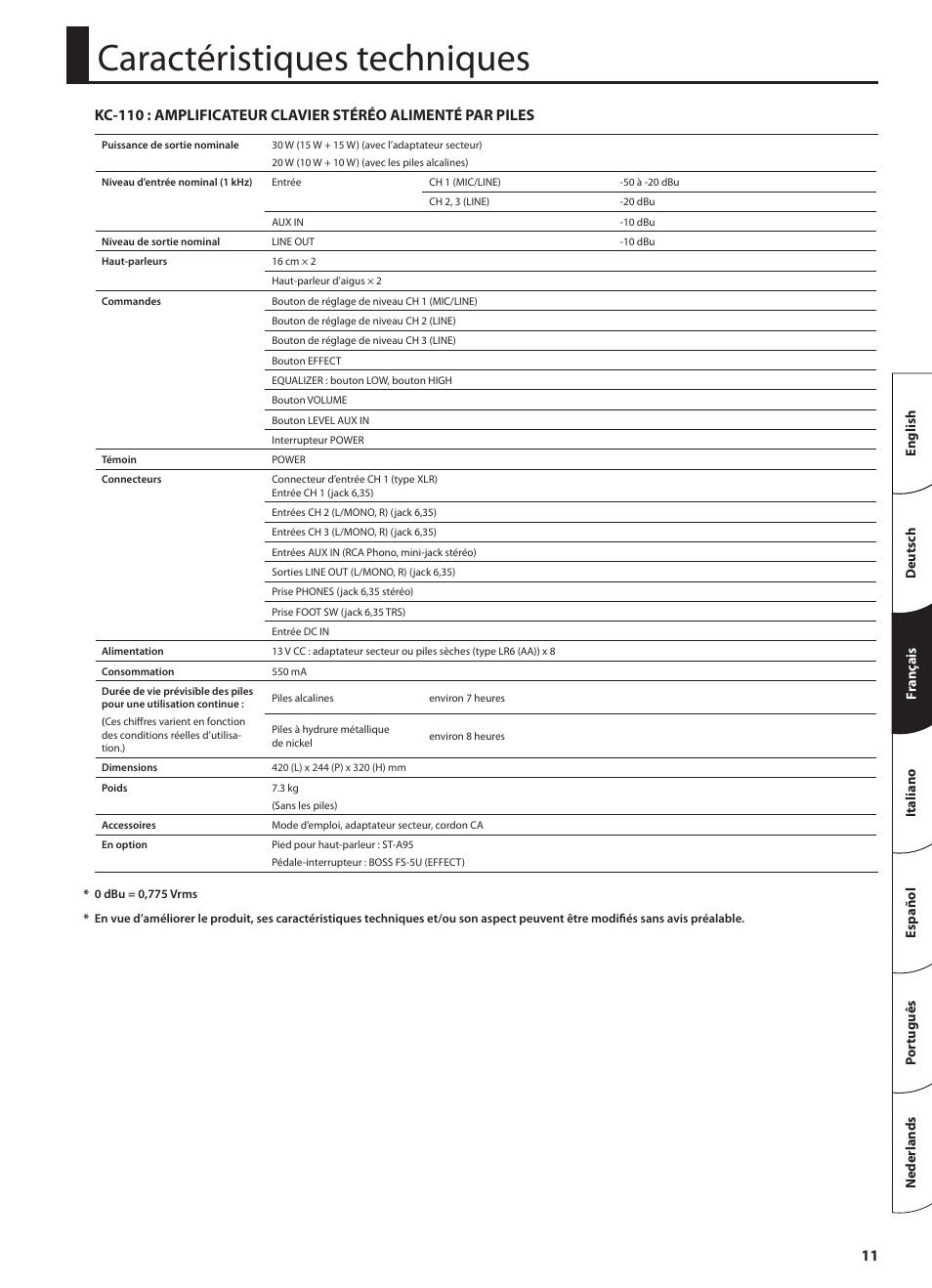 Caractéristiques techniques | Roland STEREO KEYBOARD AMPLIFIER KC-110 User Manual | Page 37 / 88
