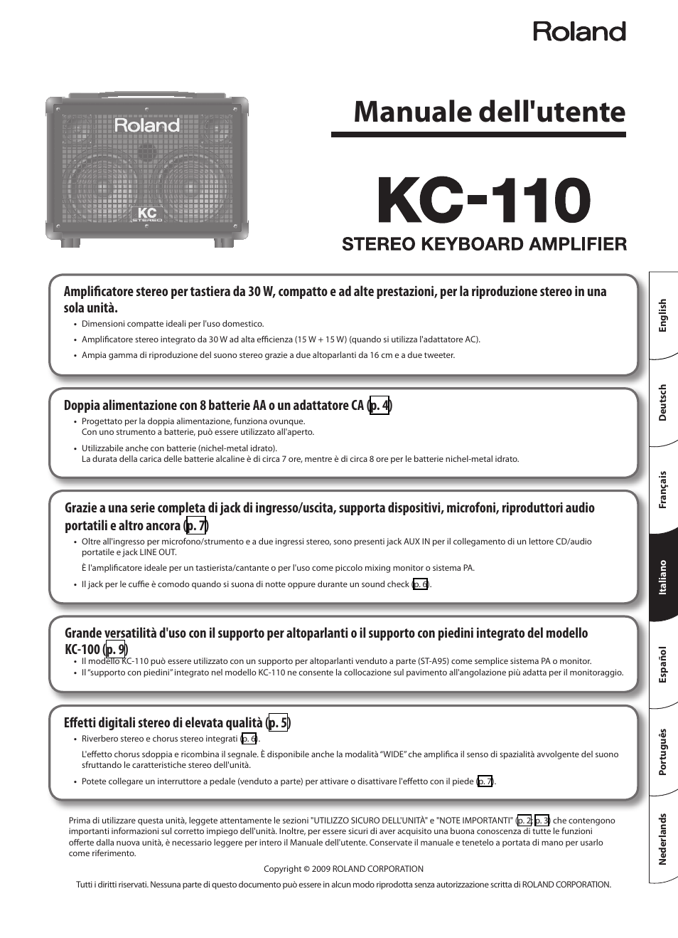 Italiano, Manuale dell'utente, Effetti digitali stereo di eleva ta qualità (p. 5) | Roland STEREO KEYBOARD AMPLIFIER KC-110 User Manual | Page 39 / 88