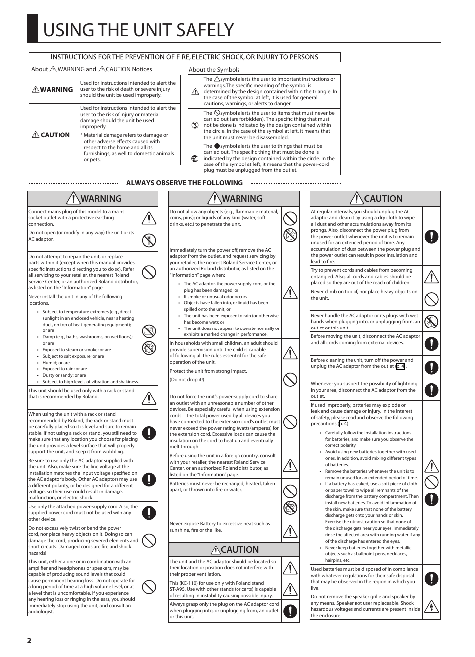 Using the unit safely, P. 2; p, Warning | Caution, Always observe the following | Roland STEREO KEYBOARD AMPLIFIER KC-110 User Manual | Page 4 / 88