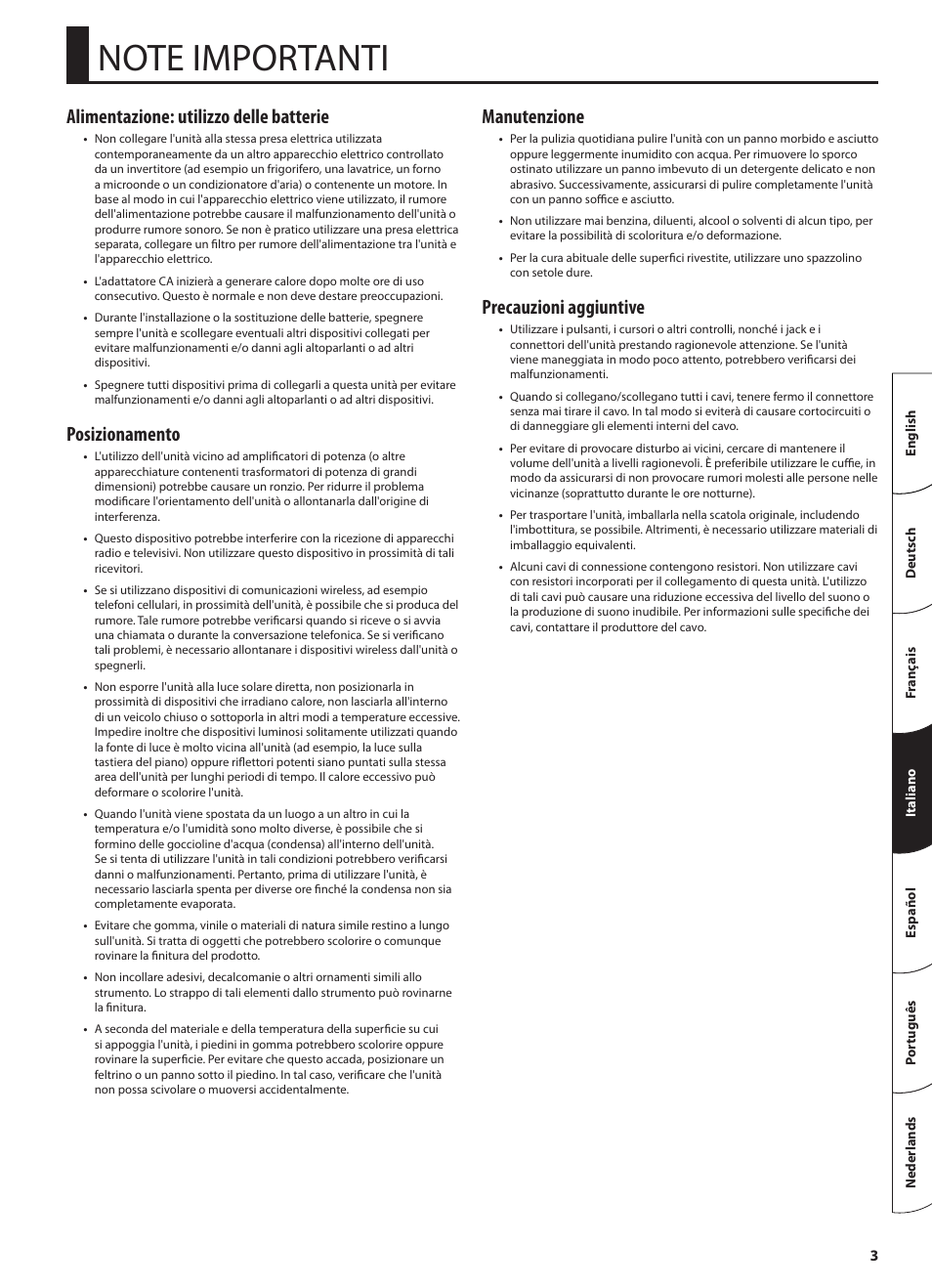 Note importanti, 3) che c, Alimentazione: utilizzo delle batterie | Posizionamento, Manutenzione, Precauzioni aggiuntive | Roland STEREO KEYBOARD AMPLIFIER KC-110 User Manual | Page 41 / 88