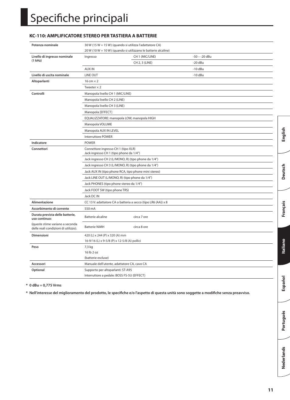 Specifiche principali | Roland STEREO KEYBOARD AMPLIFIER KC-110 User Manual | Page 49 / 88