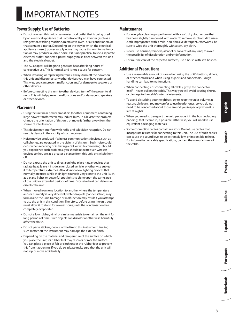 Important notes, Power supply: use of batteries, Placement | Maintenance, Additional precautions | Roland STEREO KEYBOARD AMPLIFIER KC-110 User Manual | Page 5 / 88