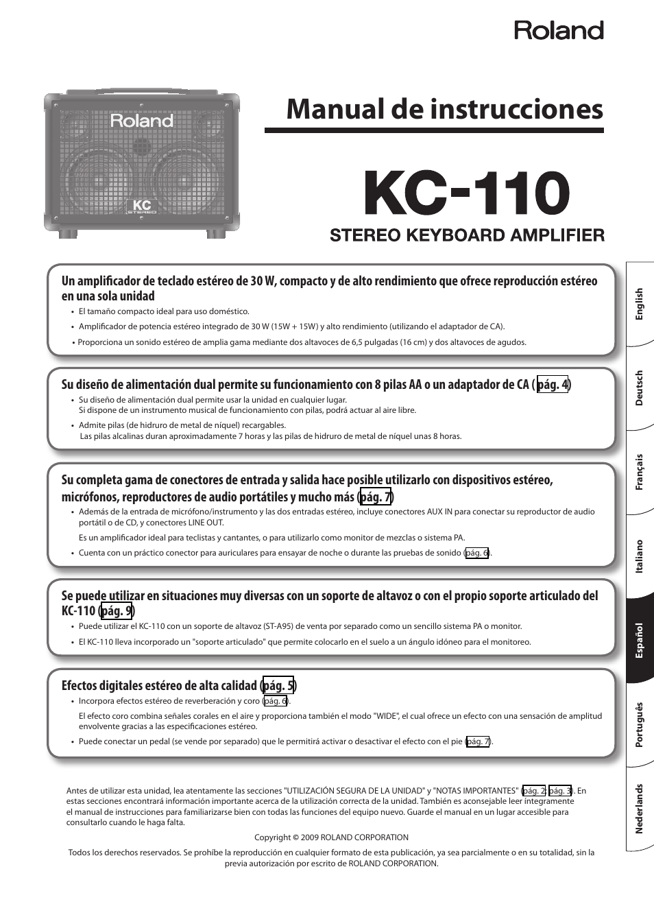 Español, Manual de instrucciones | Roland STEREO KEYBOARD AMPLIFIER KC-110 User Manual | Page 51 / 88