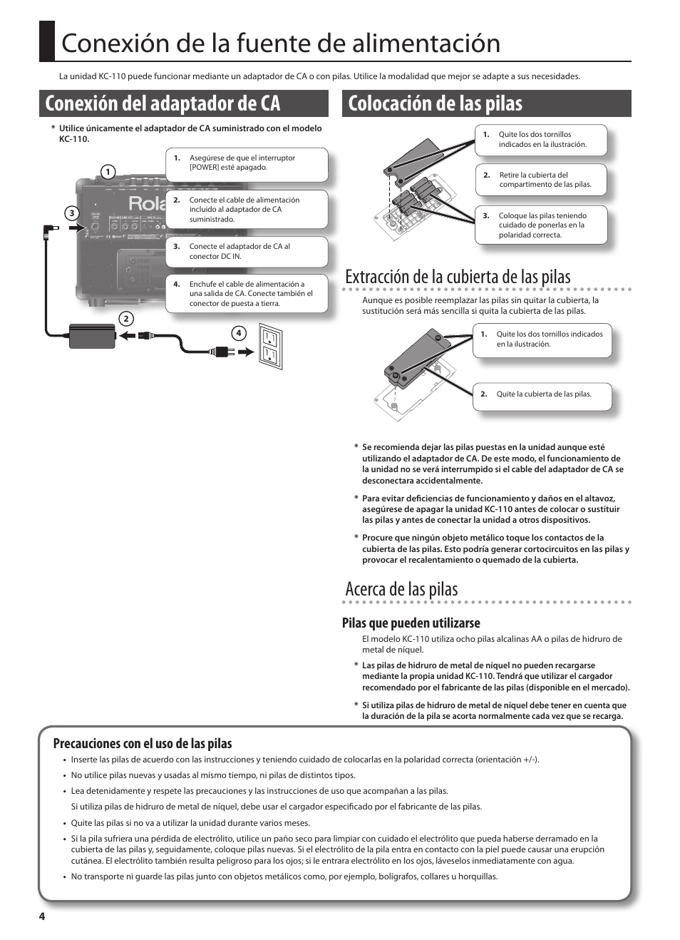 Conexión de la fuente de alimentación, Conexión del adaptador de ca, Colocación de las pilas | Extracción de la cubierta de las pilas, Acerca de las pilas, Pilas que pueden utilizarse, Precauciones con el uso de las pilas | Roland STEREO KEYBOARD AMPLIFIER KC-110 User Manual | Page 54 / 88