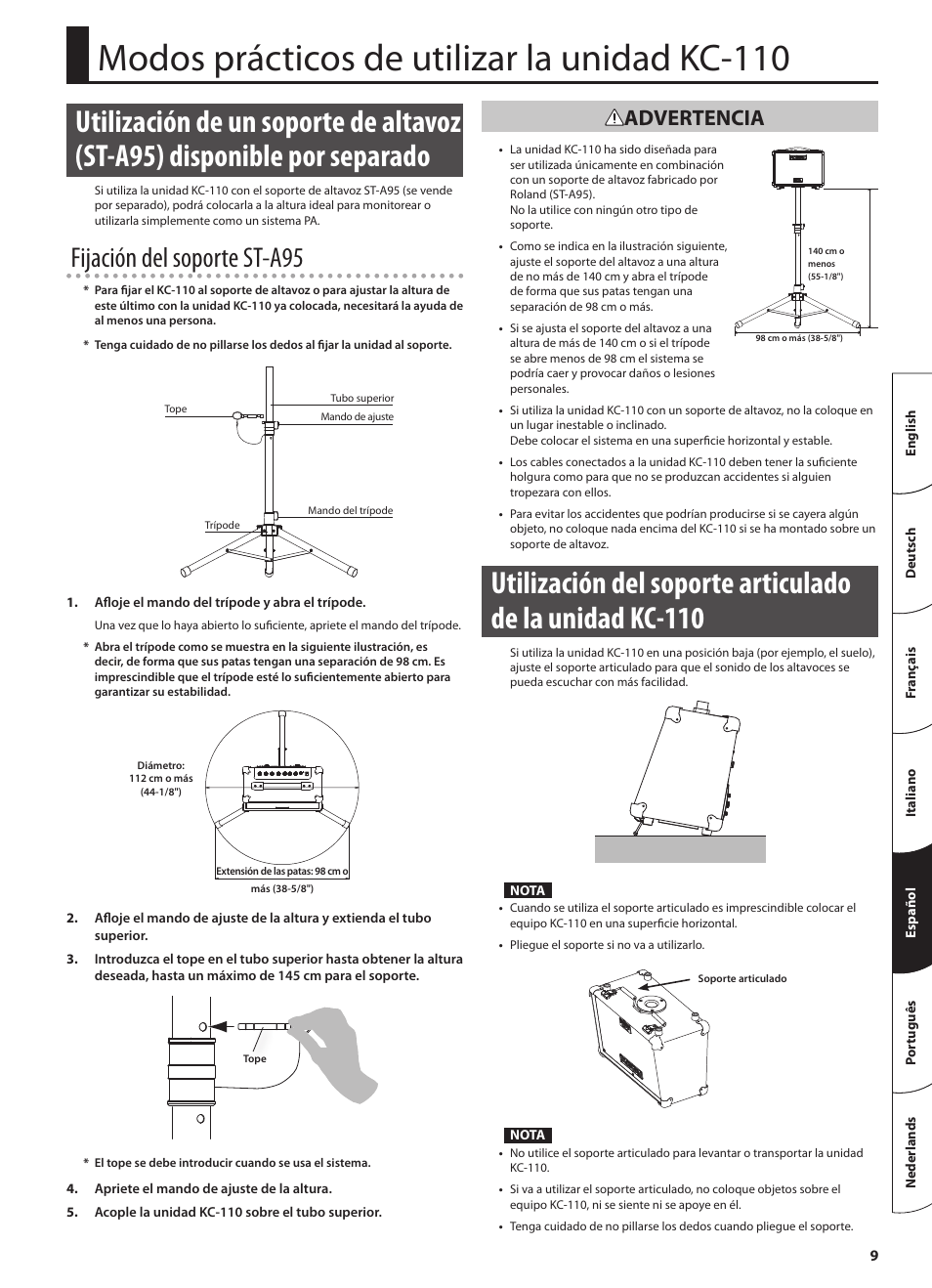 Modos prácticos de utilizar la unidad kc, Modos prácticos de utilizar la unidad kc-110, Fijación del soporte st-a95 | Advertencia | Roland STEREO KEYBOARD AMPLIFIER KC-110 User Manual | Page 59 / 88