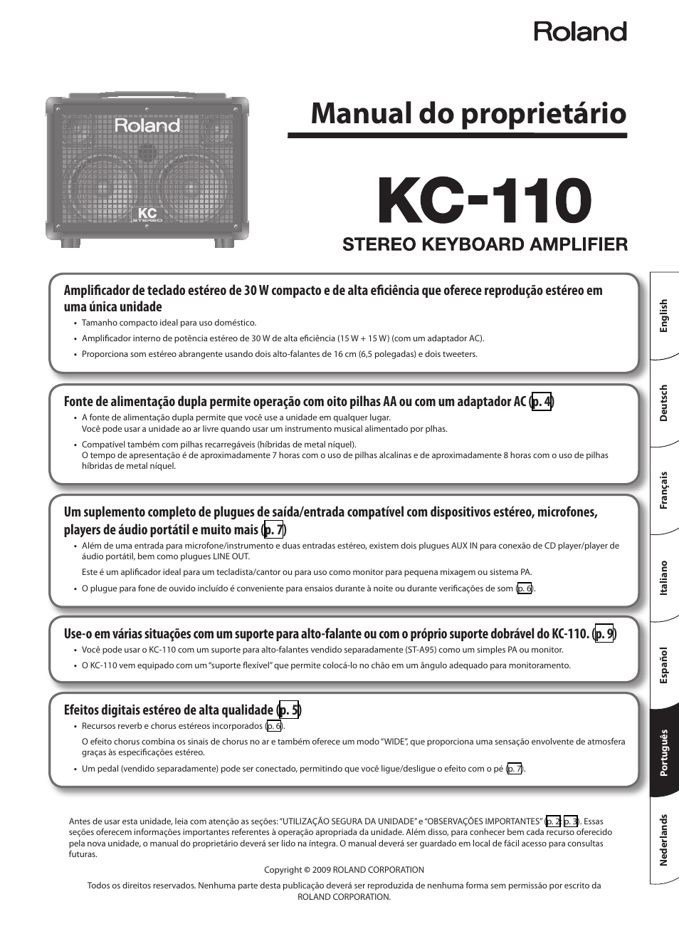 Português, Manual do proprietário, Efeitos digitais estér eo de alta qualidade (p. 5) | Roland STEREO KEYBOARD AMPLIFIER KC-110 User Manual | Page 63 / 88