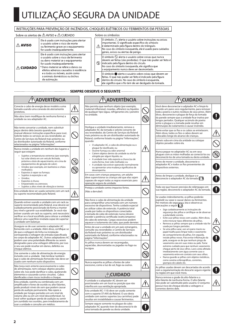 Utilização segura da unidade, P. 2; p, Advertência | Cuidado | Roland STEREO KEYBOARD AMPLIFIER KC-110 User Manual | Page 64 / 88