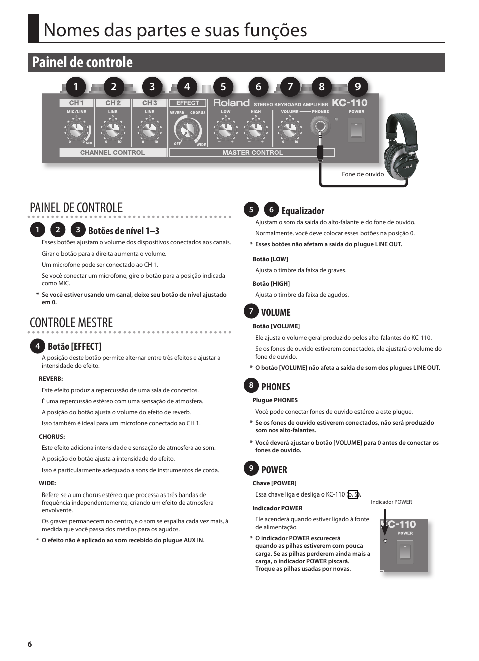 Nomes das partes e suas funções, Painel de controle, Ados (p. 6) | Controle mestre, Botões de nível 1–3, Botão [effect, Equalizador, Volume, Phones, Power | Roland STEREO KEYBOARD AMPLIFIER KC-110 User Manual | Page 68 / 88