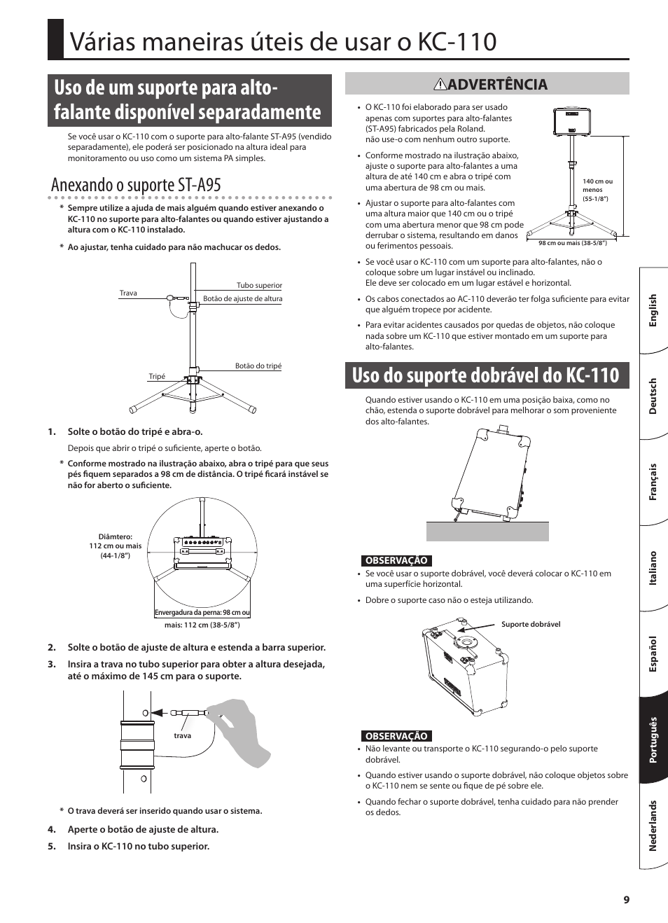 Várias maneiras úteis de usar o kc-110, Uso do suporte dobrável do kc-110, P. 9) | Anexando o suporte st-a95, Advertência | Roland STEREO KEYBOARD AMPLIFIER KC-110 User Manual | Page 71 / 88