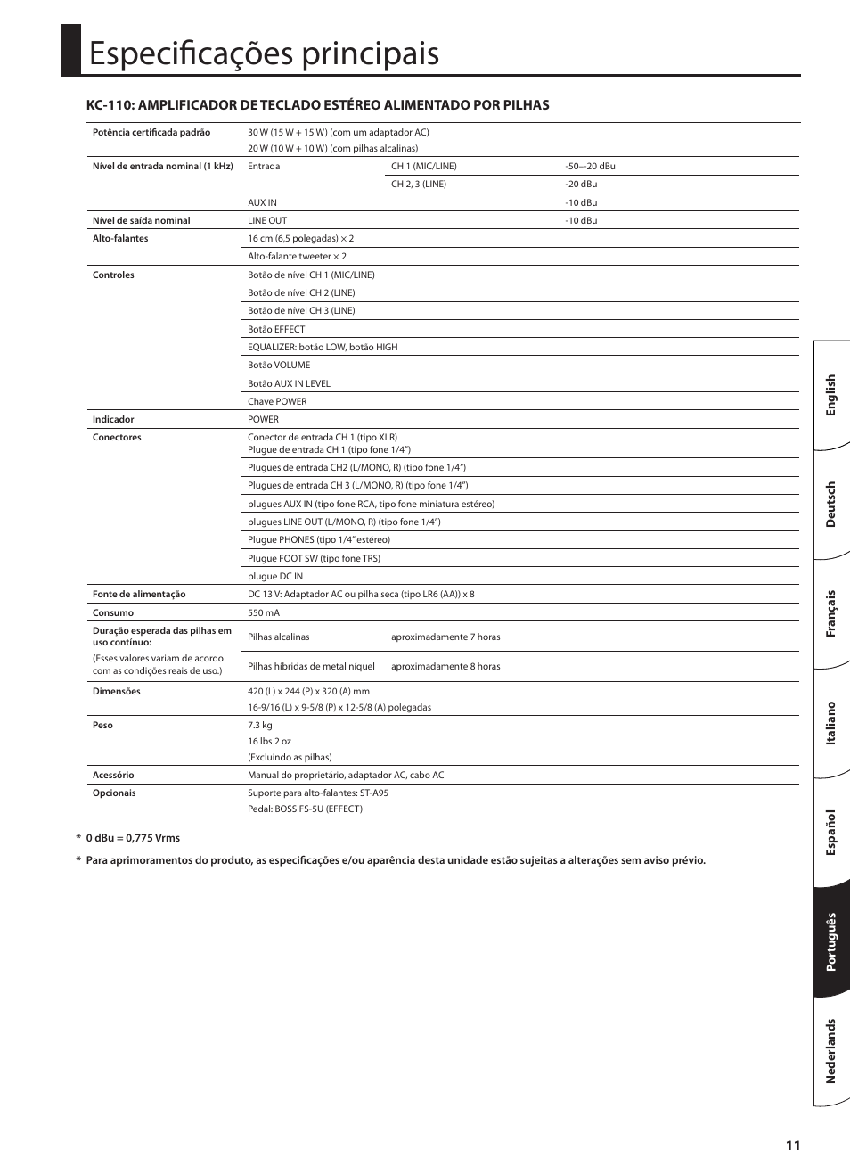 Especificações principais | Roland STEREO KEYBOARD AMPLIFIER KC-110 User Manual | Page 73 / 88