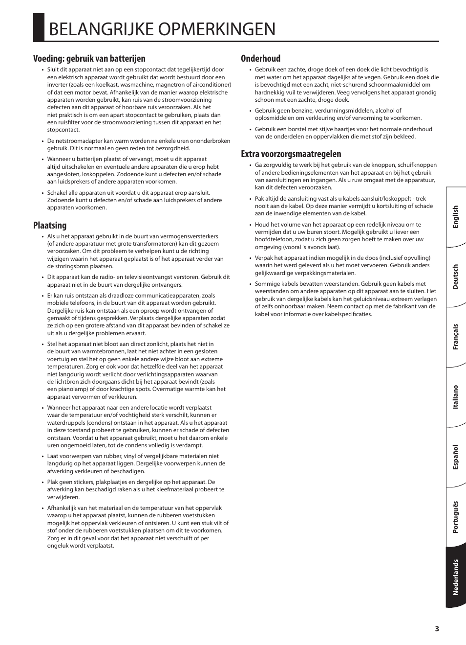 Belangrijke opmerkingen, Voeding: gebruik van batterijen, Plaatsing | Onderhoud, Extra voorzorgsmaatregelen | Roland STEREO KEYBOARD AMPLIFIER KC-110 User Manual | Page 77 / 88