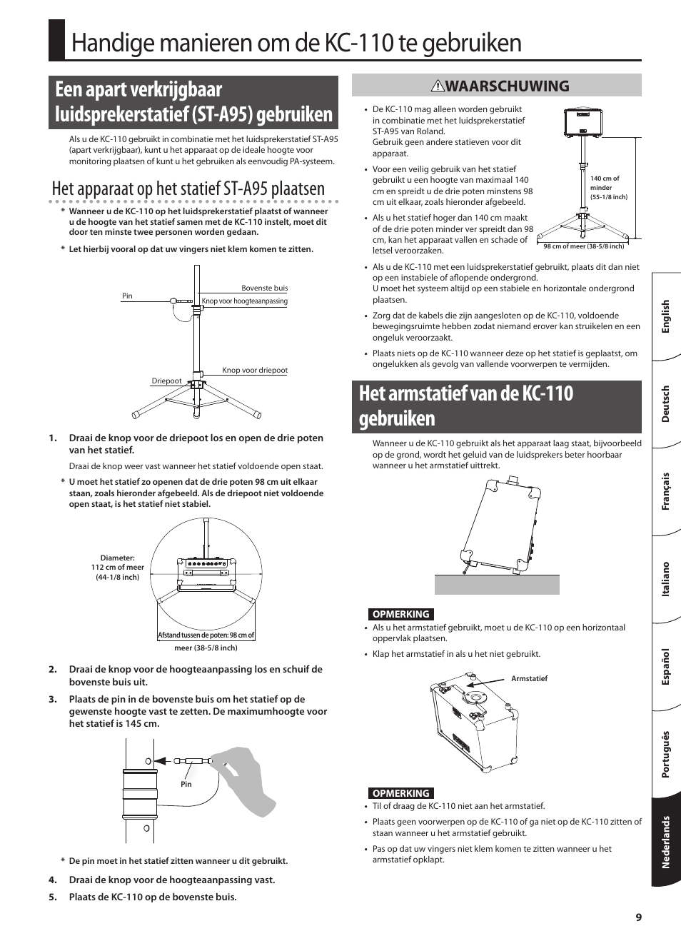 Handige manieren om de kc-110 te gebruiken, Het armstatief van de kc-110 gebruiken, Het apparaat op het statief st-a95 plaatsen | Waarschuwing | Roland STEREO KEYBOARD AMPLIFIER KC-110 User Manual | Page 83 / 88