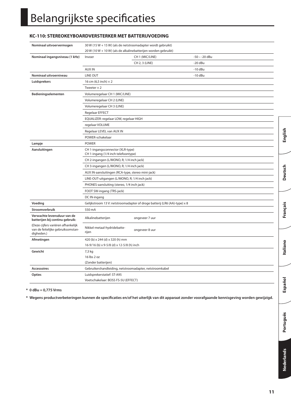 Belangrijkste specificaties | Roland STEREO KEYBOARD AMPLIFIER KC-110 User Manual | Page 85 / 88