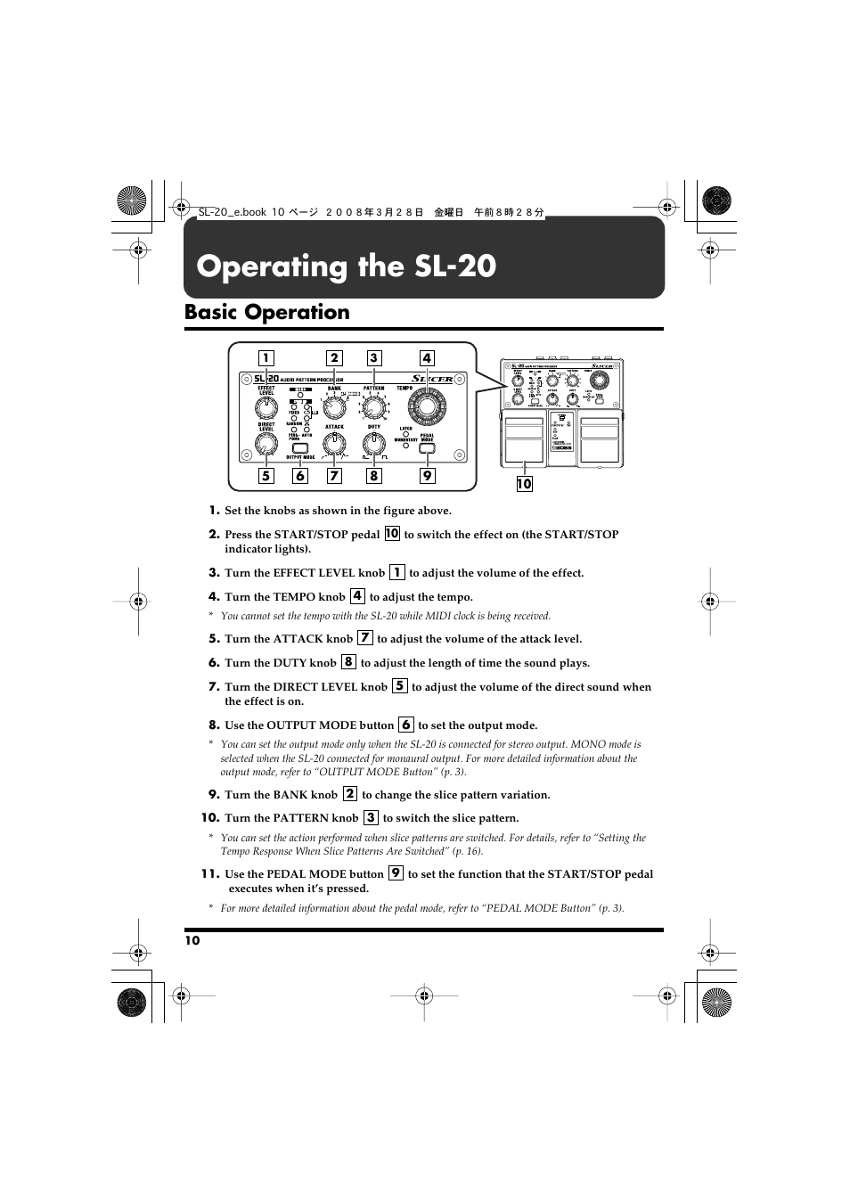 Operating the sl-20, Basic operation | Roland Audio Processor SL-20 User Manual | Page 10 / 28