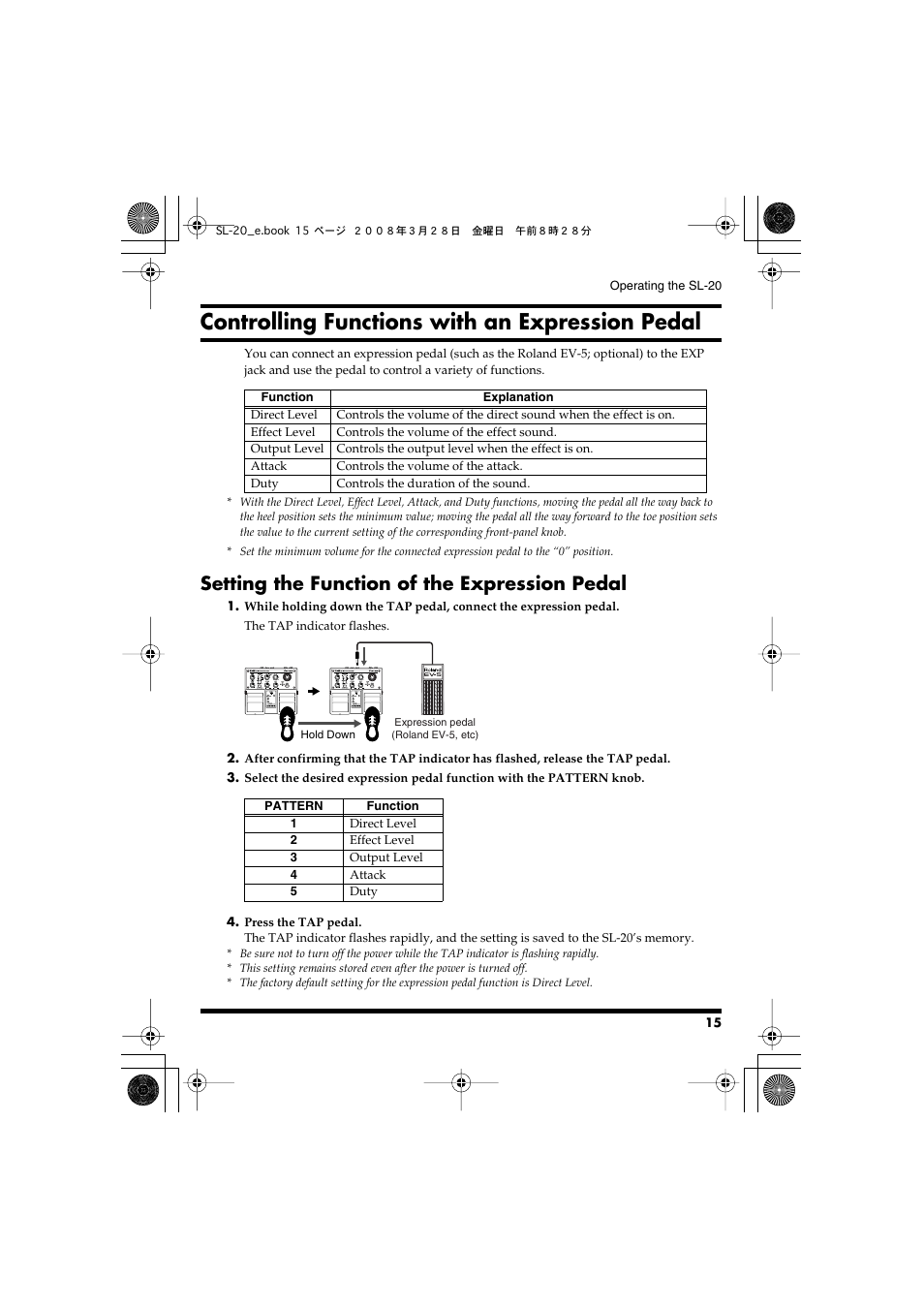 Controlling functions with an expression pedal, Setting the function of the expression pedal, Controlling functions with an expression | Pedal” (p. 15) | Roland Audio Processor SL-20 User Manual | Page 15 / 28