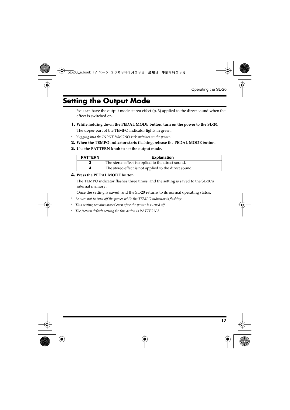 Setting the output mode, Setting the output mode” (p. 17) | Roland Audio Processor SL-20 User Manual | Page 17 / 28