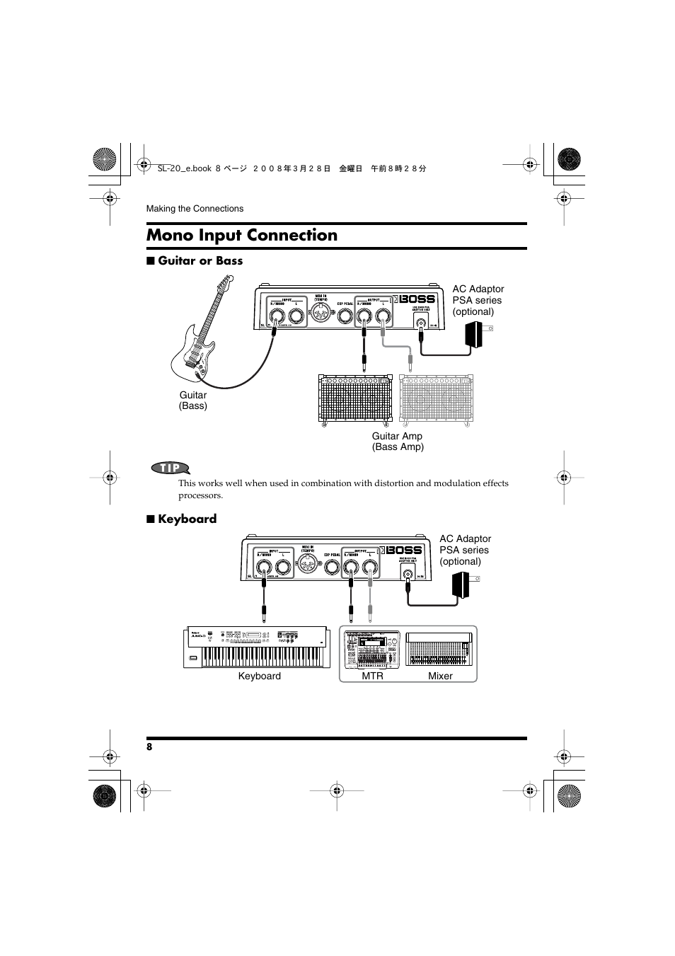 Mono input connection | Roland Audio Processor SL-20 User Manual | Page 8 / 28