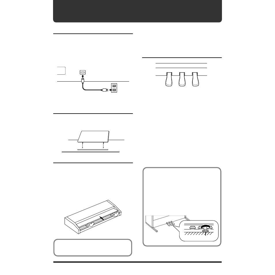 Before you play, Connecting the power cord, Setting the music stand | Opening and closing the lid, About the pedals, Connecting the power cord setting the music stand | Roland pt-2000 User Manual | Page 7 / 28