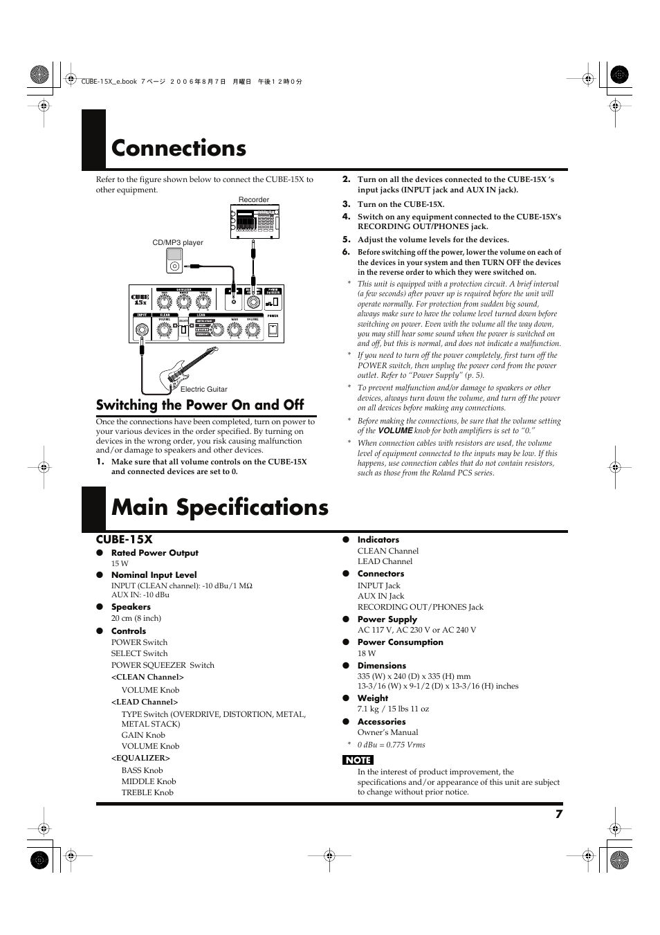 Connections, Main specifications, Switching the power on and off | Roland CUBE-15x User Manual | Page 7 / 8