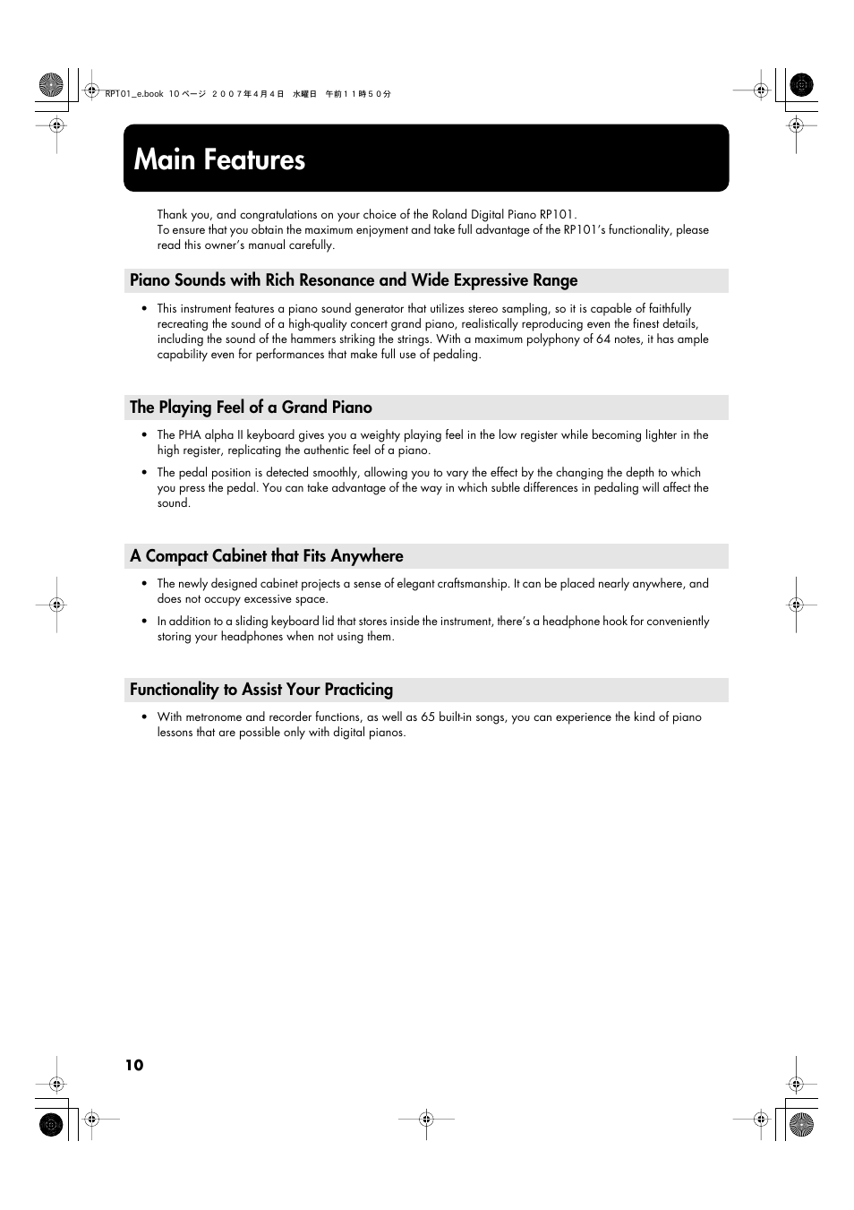 Main features | Roland RP101 User Manual | Page 10 / 52