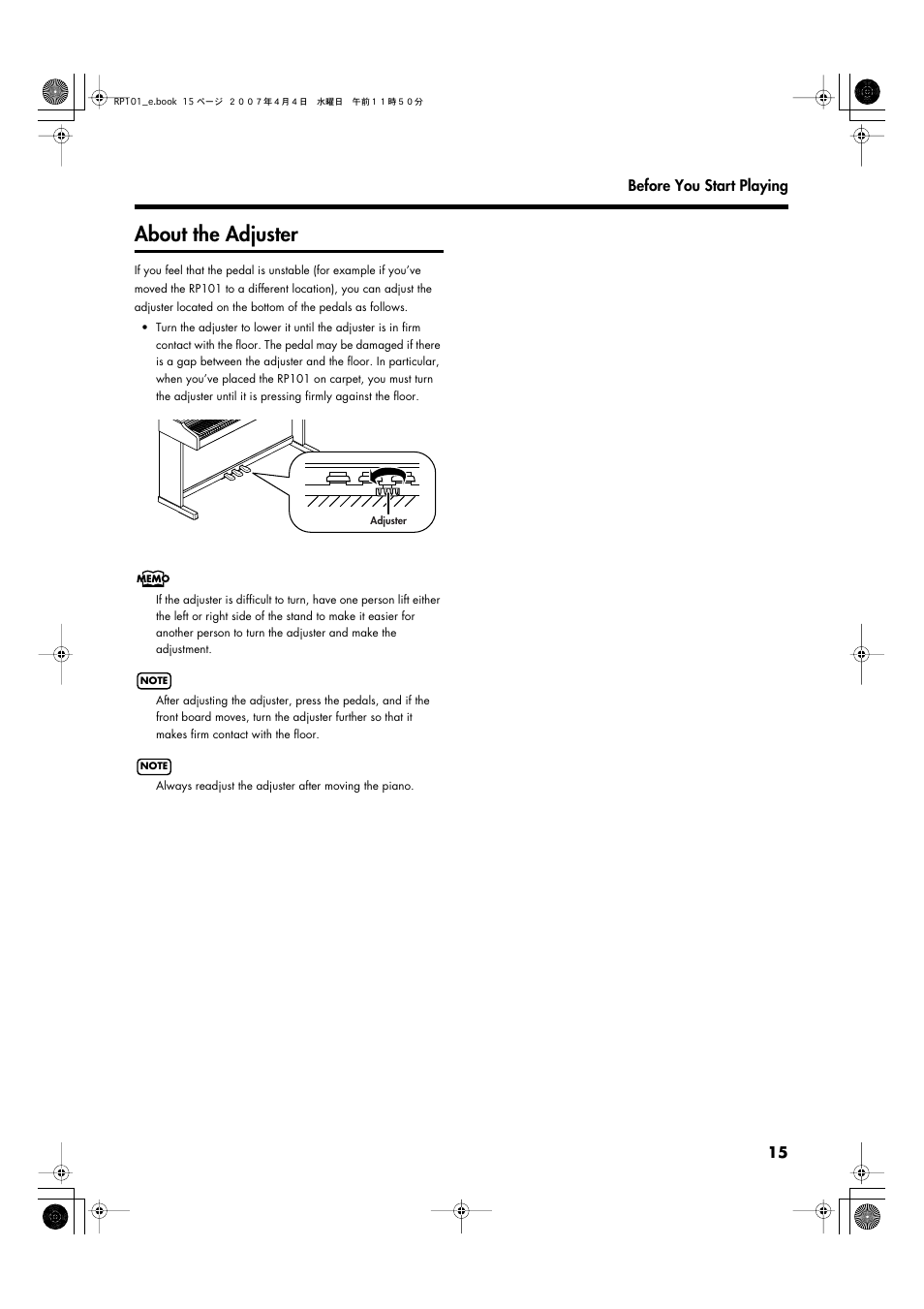 About the adjuster | Roland RP101 User Manual | Page 15 / 52