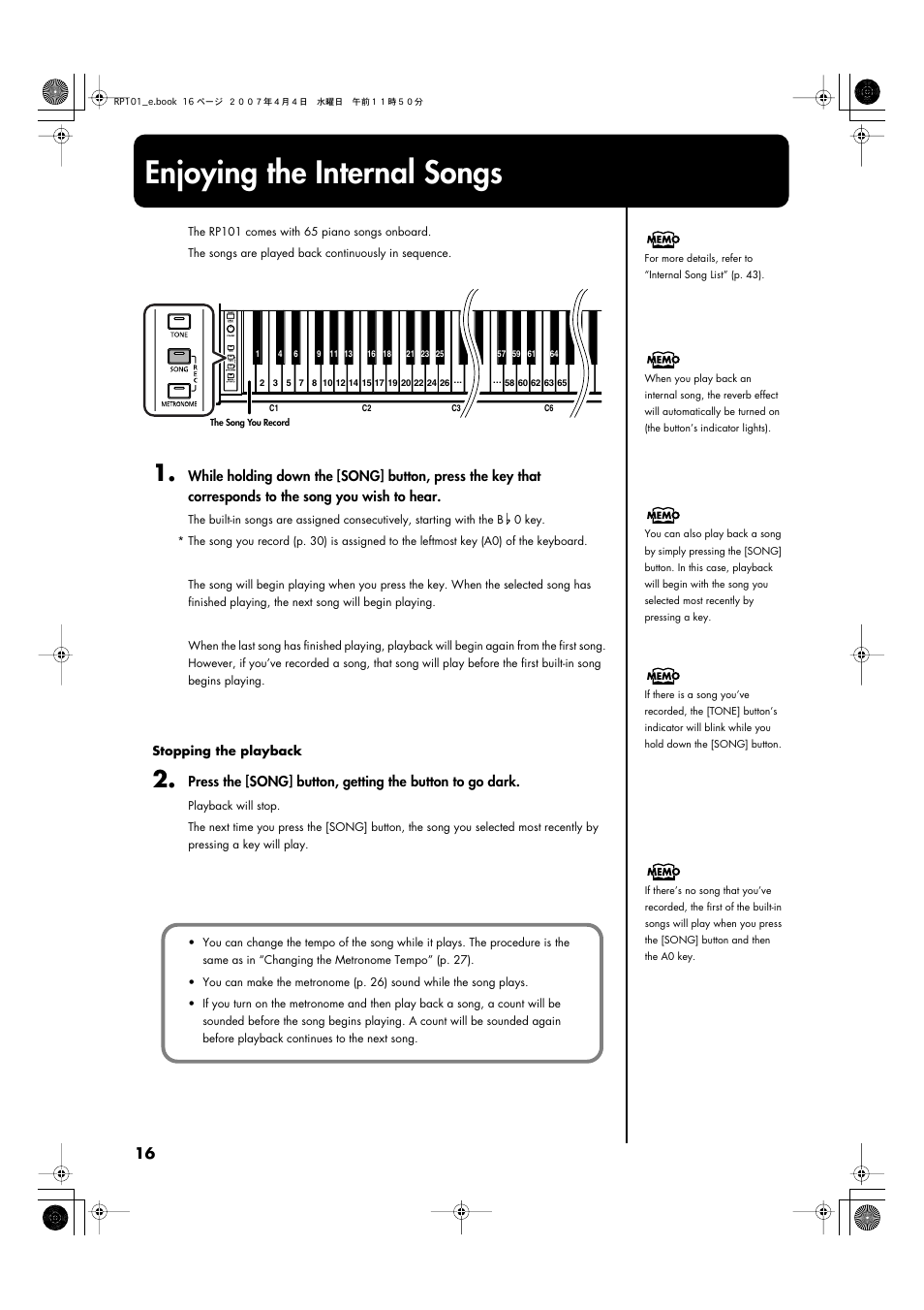 Enjoying the internal songs | Roland RP101 User Manual | Page 16 / 52