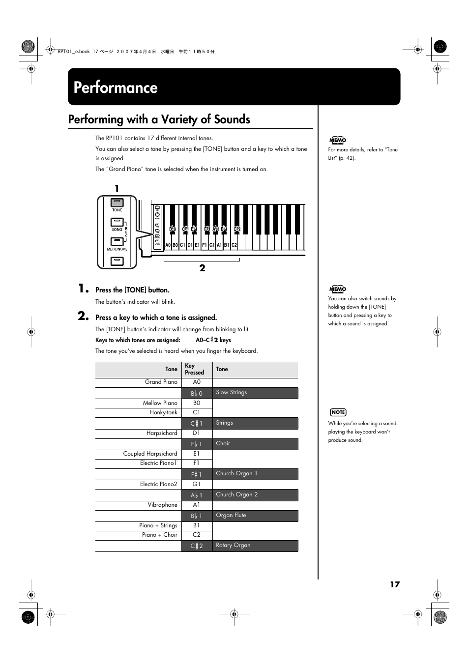 Performance, Performing with a variety of sounds | Roland RP101 User Manual | Page 17 / 52