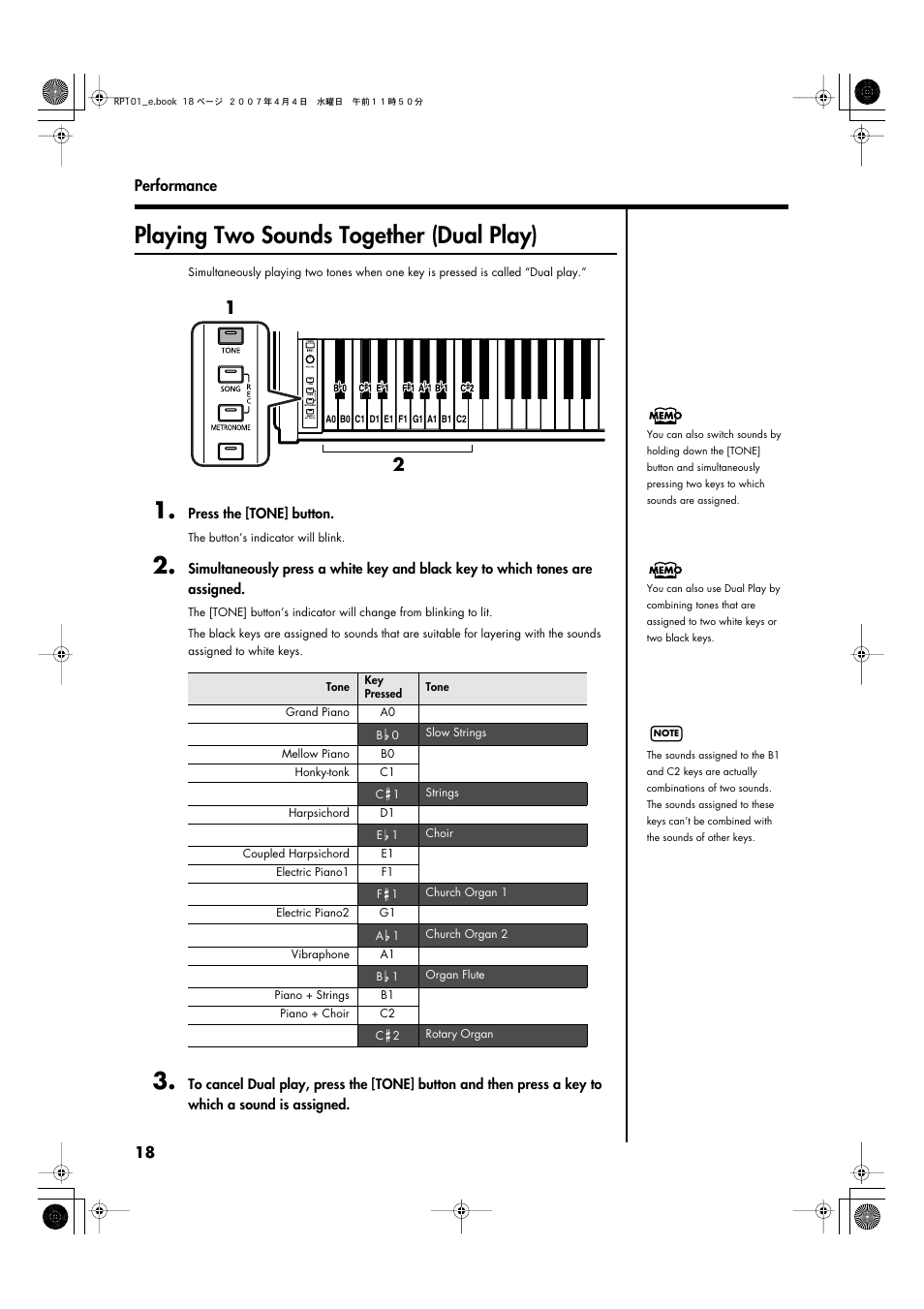 Playing two sounds together (dual play) | Roland RP101 User Manual | Page 18 / 52