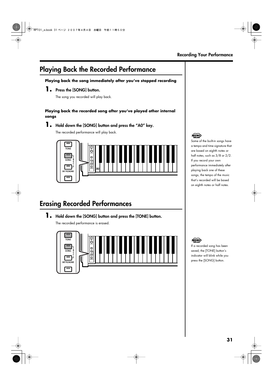 Playing back the recorded performance, Erasing recorded performances, Erasing recorded performances 1 | Roland RP101 User Manual | Page 31 / 52