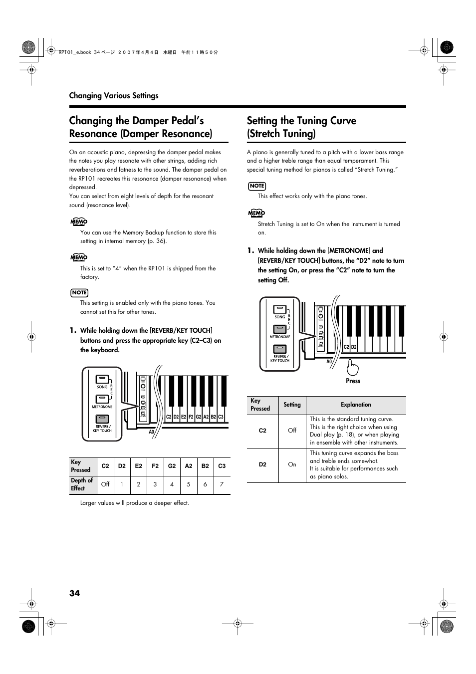 Setting the tuning curve (stretch tuning) | Roland RP101 User Manual | Page 34 / 52