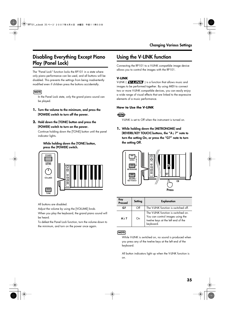 Using the v-link function | Roland RP101 User Manual | Page 35 / 52