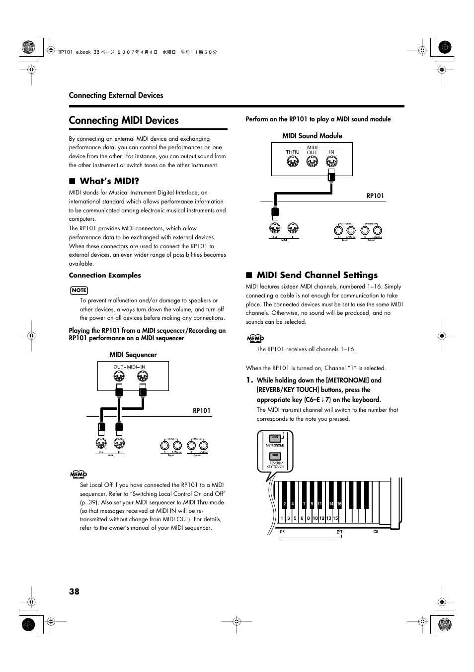 Connecting midi devices, What’s midi, Midi send channel settings | Performance data (p. 38) | Roland RP101 User Manual | Page 38 / 52