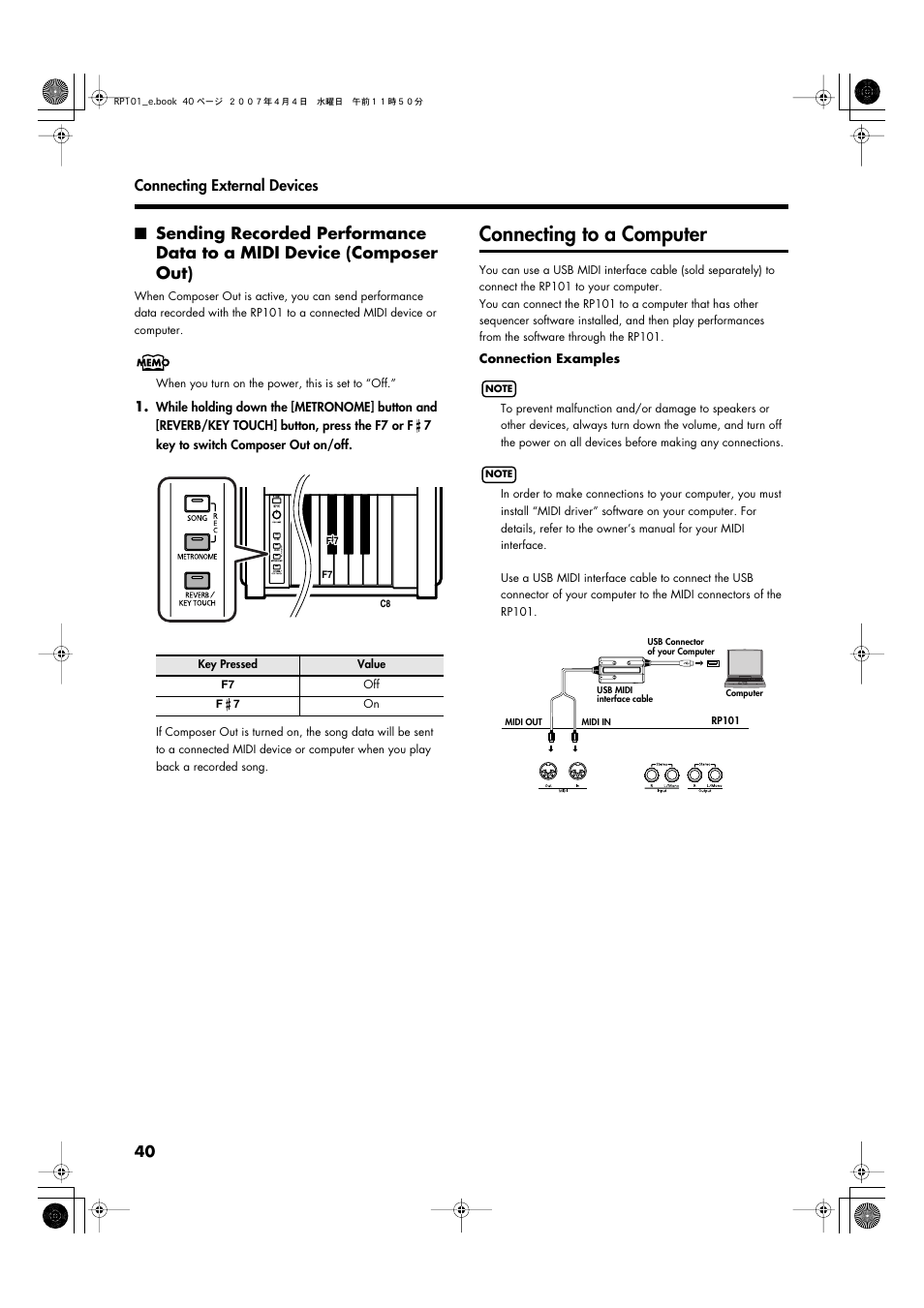 Connecting to a computer | Roland RP101 User Manual | Page 40 / 52