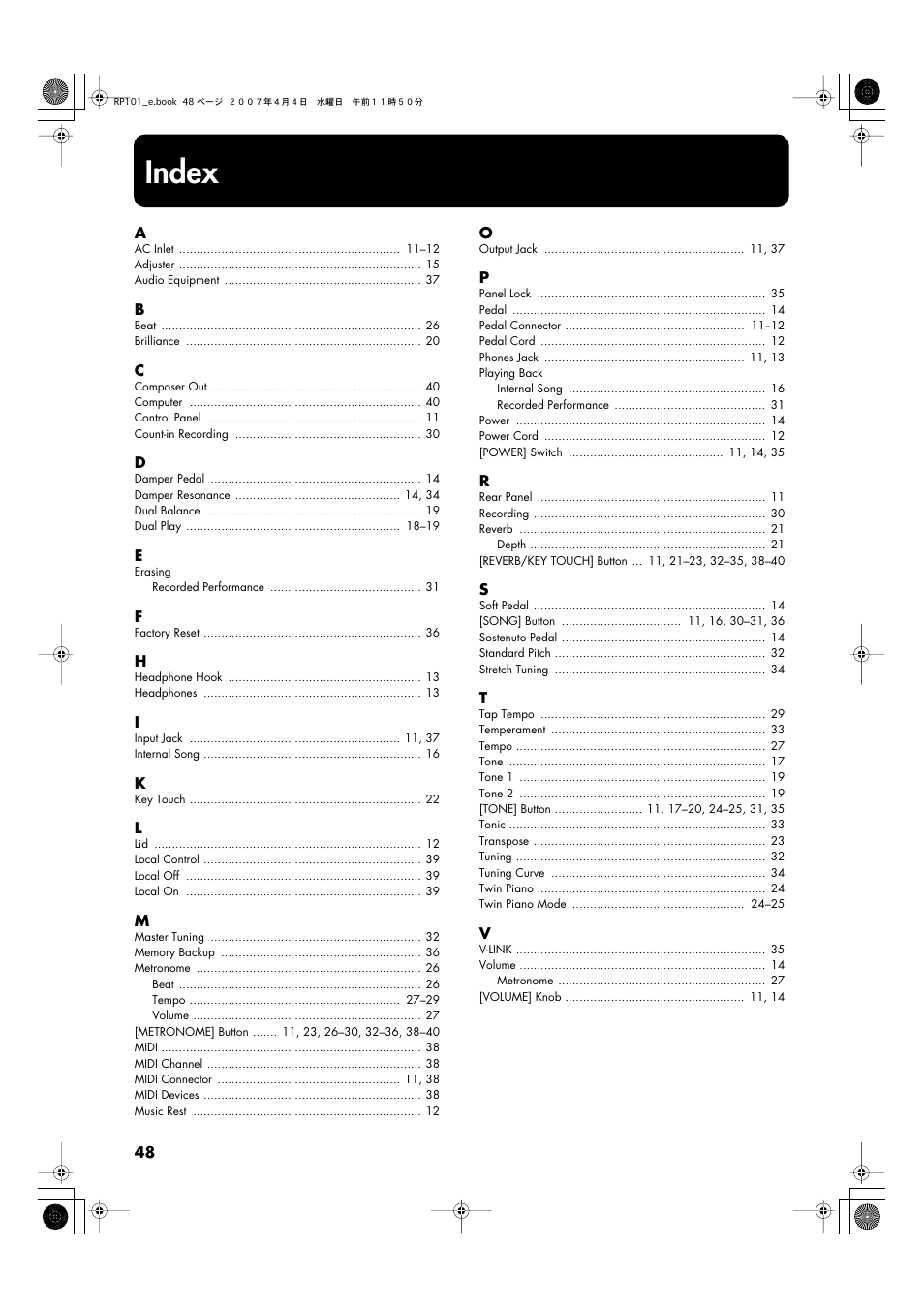 Index | Roland RP101 User Manual | Page 48 / 52