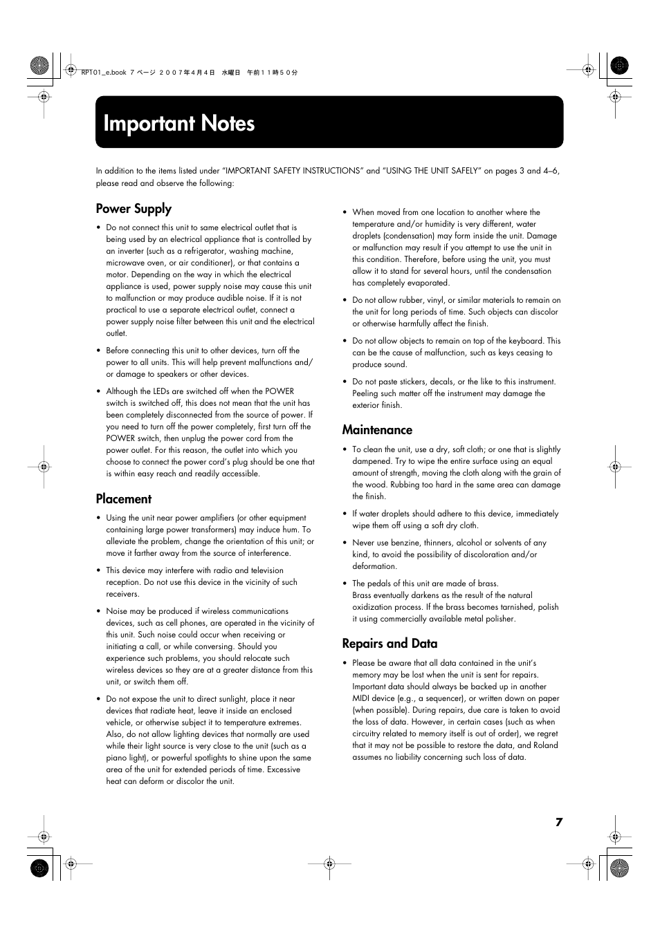 Important notes, Power supply, Placement | Maintenance, Repairs and data | Roland RP101 User Manual | Page 7 / 52