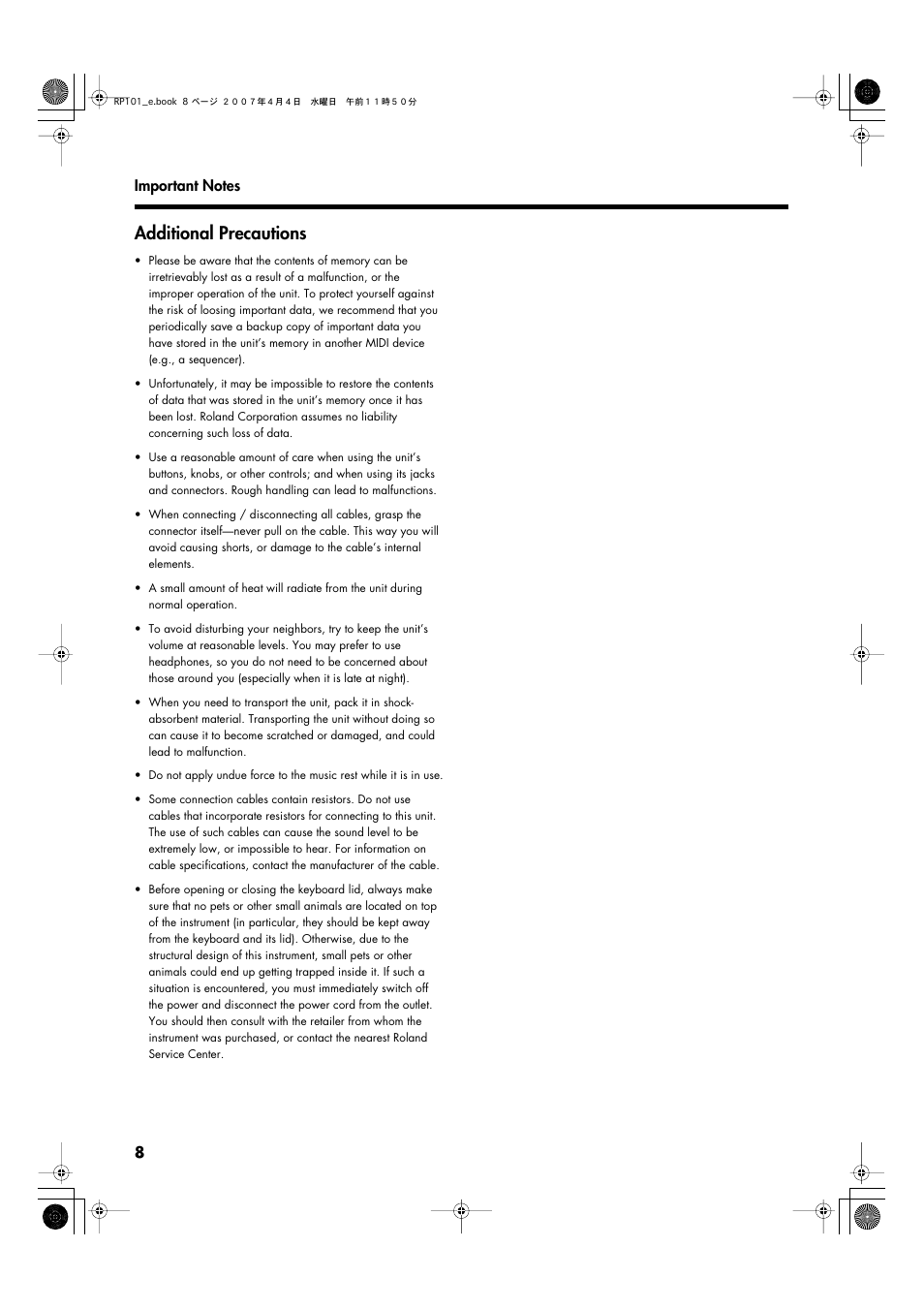 Additional precautions | Roland RP101 User Manual | Page 8 / 52