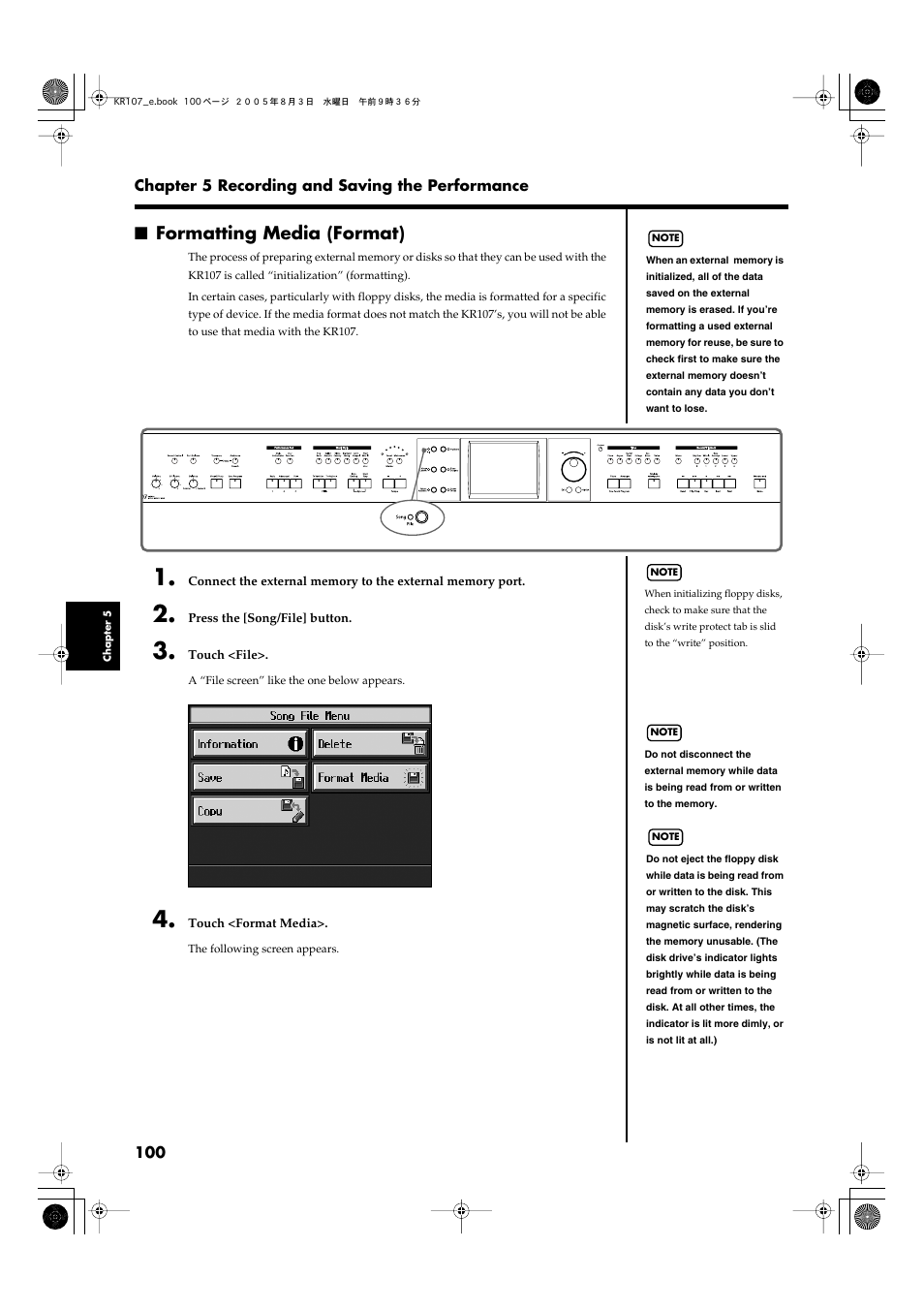 Formatting media (format) | Roland KR107 User Manual | Page 100 / 196