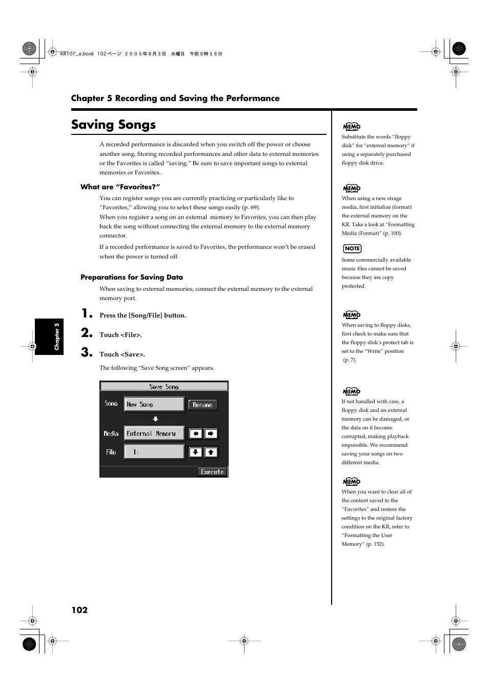 Saving songs, Songs to external memory (p. 102), Song to a external memory (p | 102) or register the song to the, At “saving songs” (p. 102) | Roland KR107 User Manual | Page 102 / 196