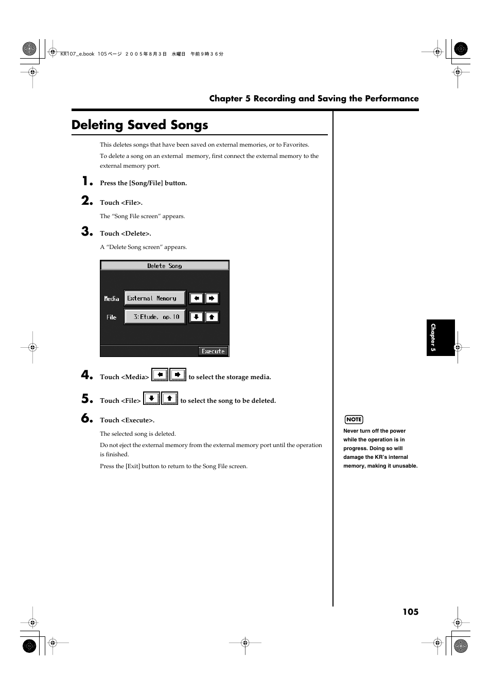 Deleting saved songs | Roland KR107 User Manual | Page 105 / 196