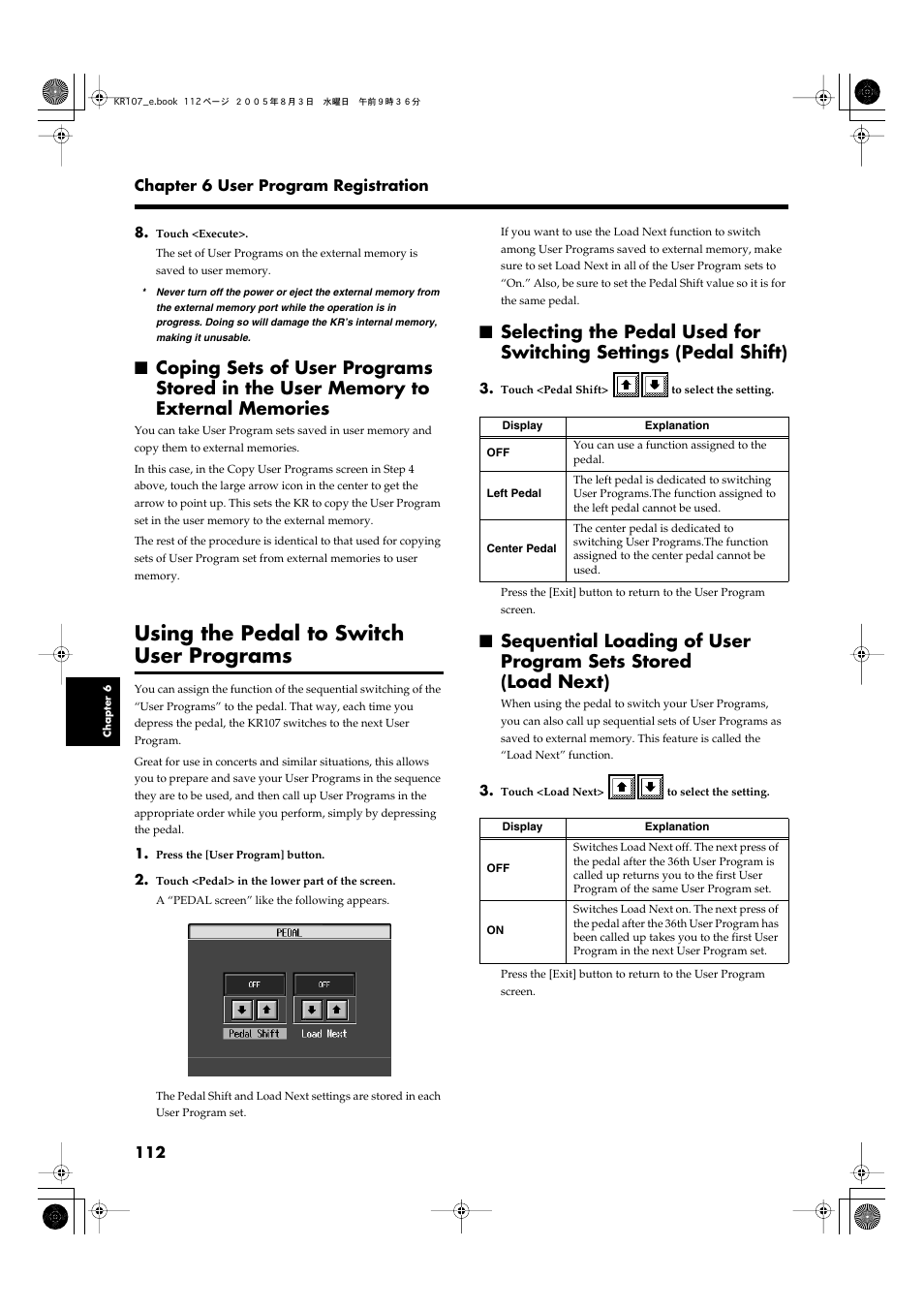Using the pedal to switch user programs | Roland KR107 User Manual | Page 112 / 196