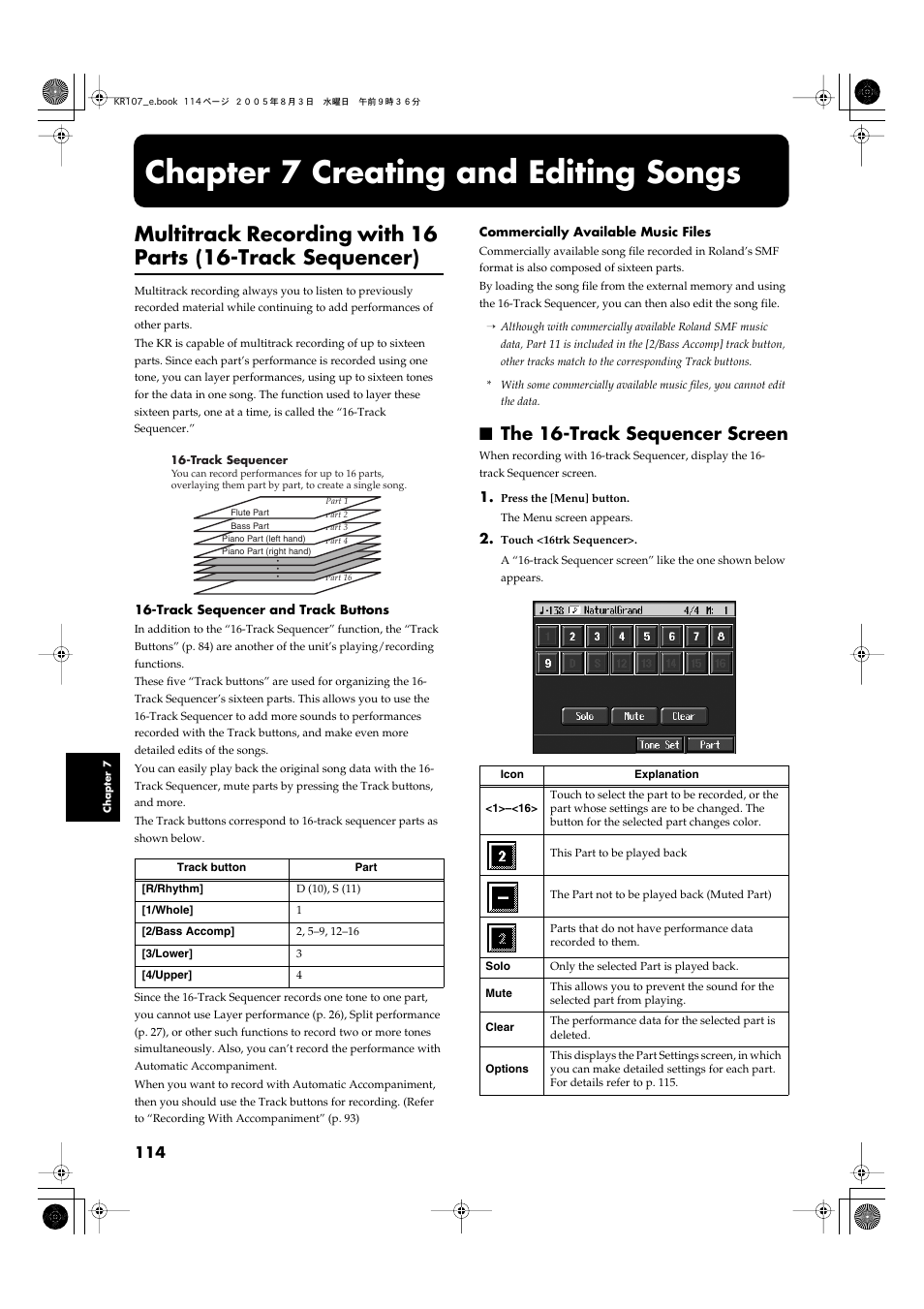 Chapter 7 creating and editing songs, The 16-track sequencer screen, Chapter 7 creating and editing songs.114 | Roland KR107 User Manual | Page 114 / 196