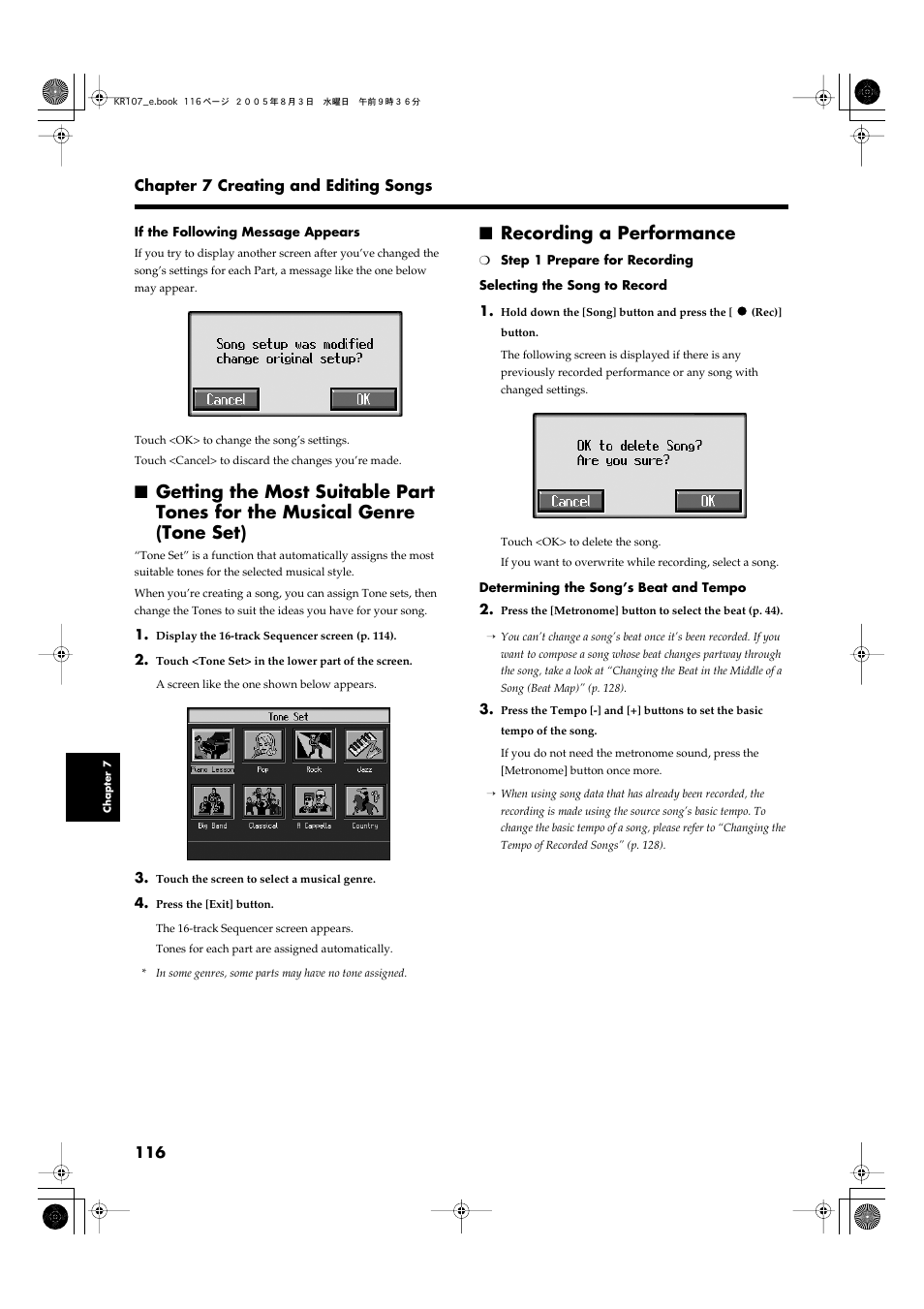 Recording a performance, To p. 116 | Roland KR107 User Manual | Page 116 / 196