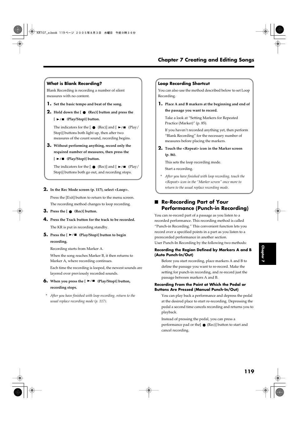 Punch-in recording (p. 119), Refer to p. 119 | Roland KR107 User Manual | Page 119 / 196