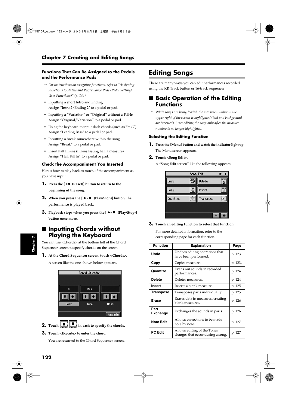 Inputting chords without playing the keyboard, Editing songs, Basic operation of the editing functions | Roland KR107 User Manual | Page 122 / 196