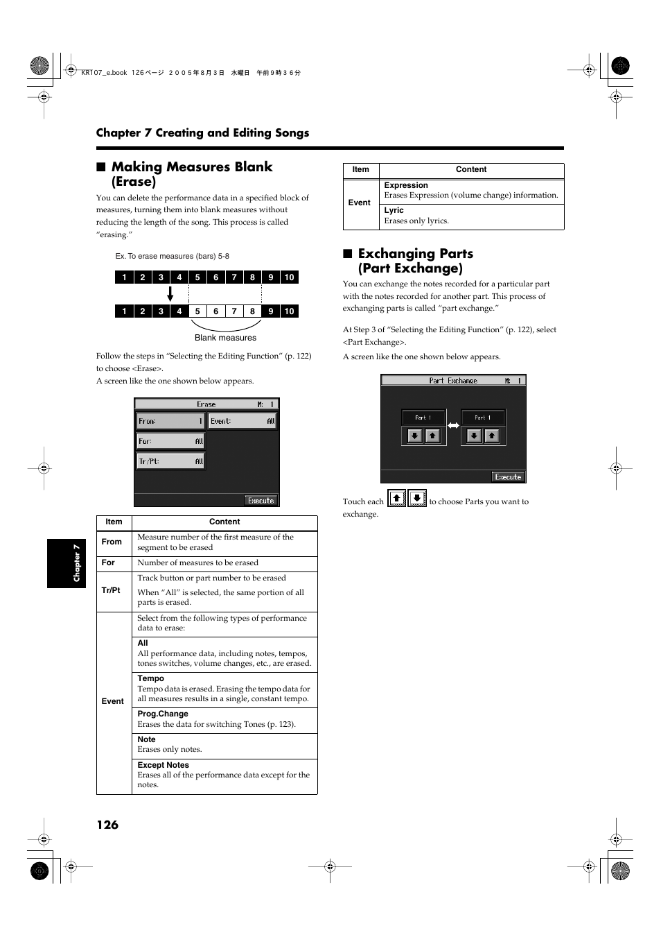 Making measures blank (erase), Exchanging parts (part exchange), P. 126 | 126 chapter 7 creating and editing songs | Roland KR107 User Manual | Page 126 / 196