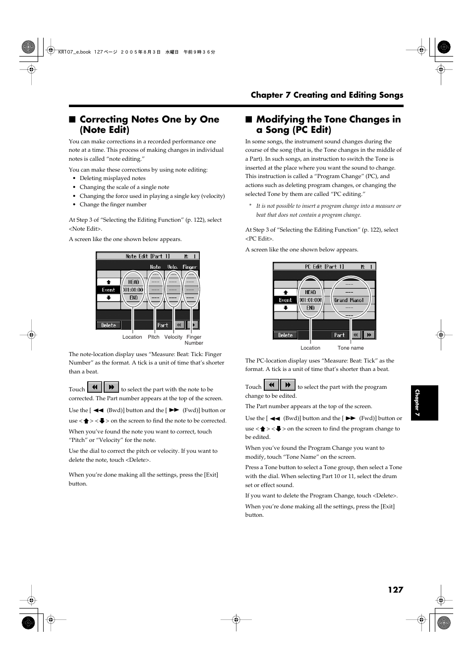 Correcting notes one by one (note edit), Modifying the tone changes in a song (pc edit), P. 127 | Roland KR107 User Manual | Page 127 / 196