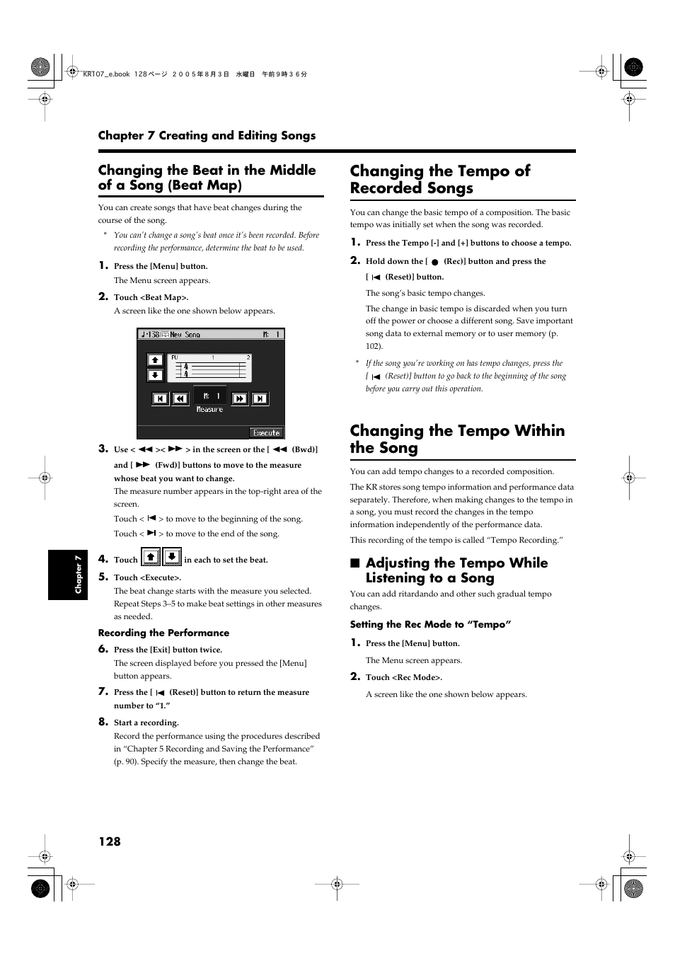 Changing the tempo of recorded songs, Changing the tempo within the song, Adjusting the tempo while listening to a song | Changing the tempo of, Recorded songs” (p. 128) and, Changing the tempo within, The song” (p. 128), Recorded composition. see p. 128 | Roland KR107 User Manual | Page 128 / 196