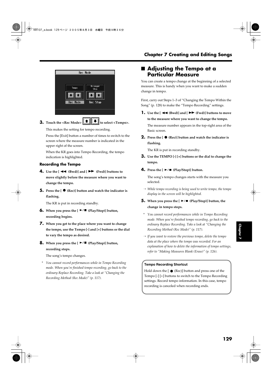 Adjusting the tempo at a particular measure | Roland KR107 User Manual | Page 129 / 196
