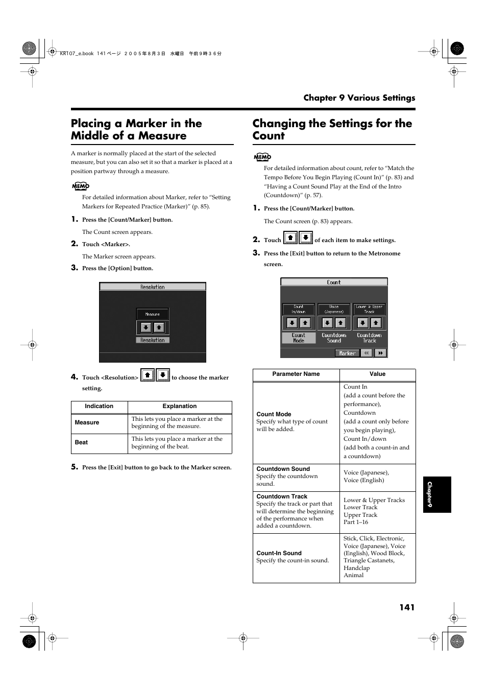 Placing a marker in the middle of a measure, Changing the settings for the count, Measures. refer to “placing a | Marker in the middle of a, Measure” (p. 141) | Roland KR107 User Manual | Page 141 / 196