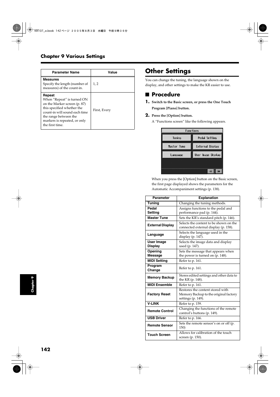 Other settings, Procedure, 142 chapter 9 various settings | Roland KR107 User Manual | Page 142 / 196